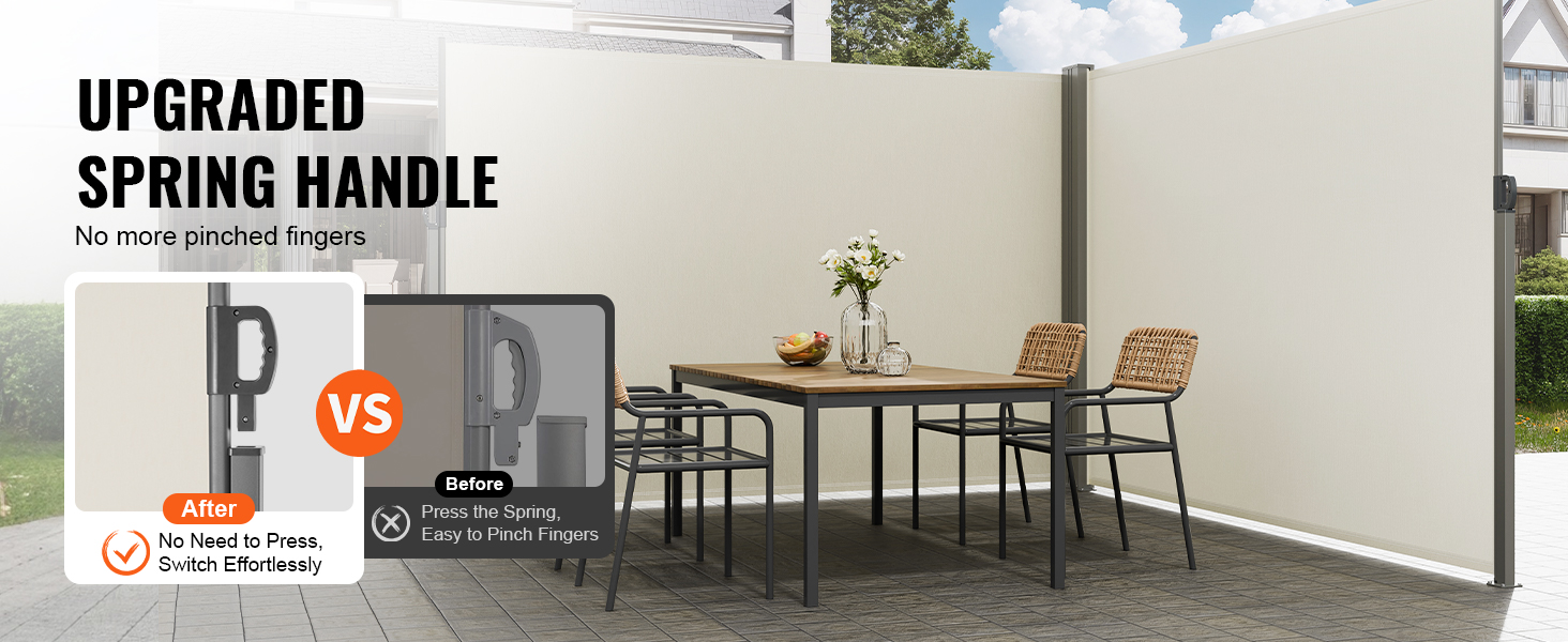 VEVOR retractable side awning with upgraded spring handle, no more pinched fingers, and effortless switch.