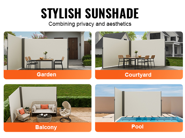 VEVOR retractable side awning providing sunshade, windshield, and rainproof features for outdoor spaces.