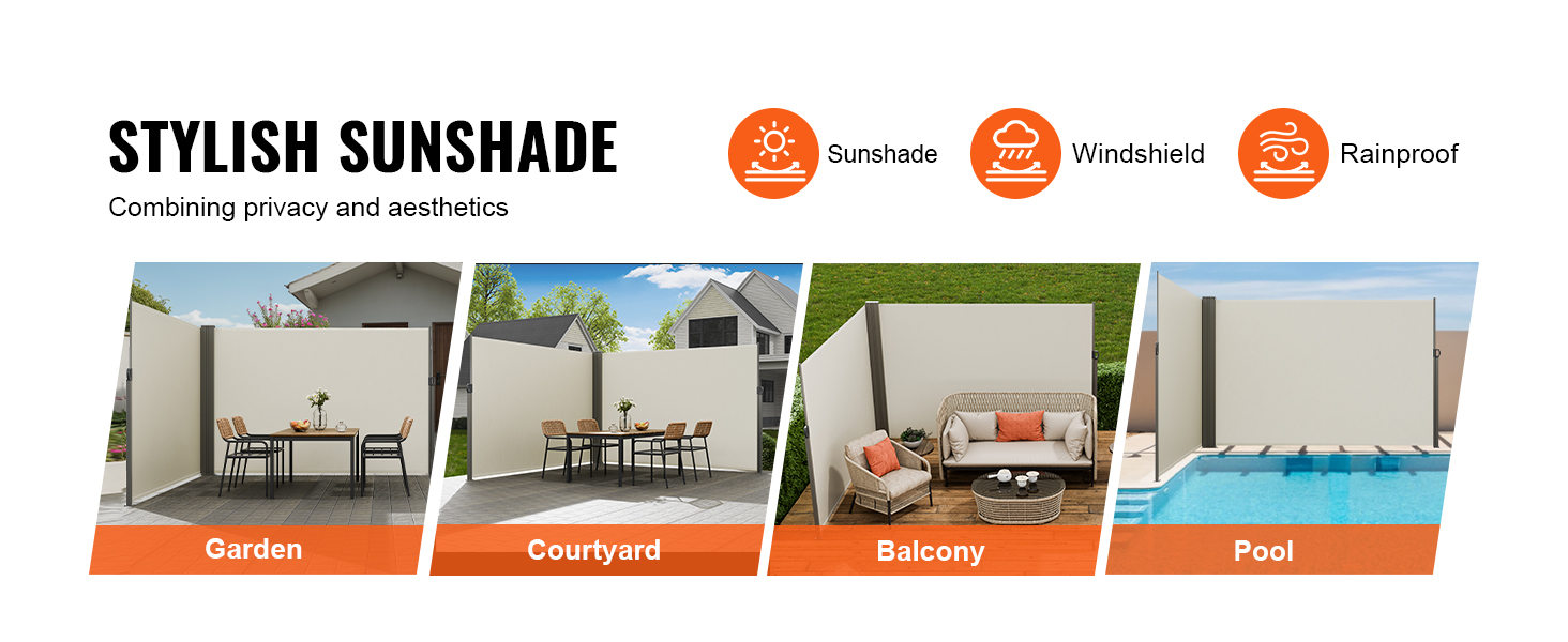 VEVOR retractable side awning providing sunshade, windshield, and rainproof features for outdoor spaces.