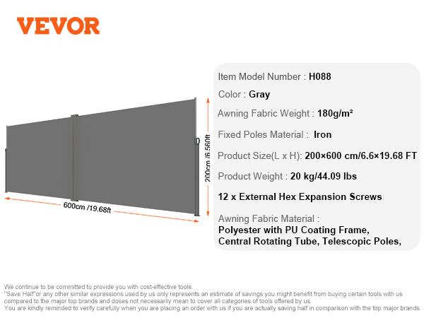 VEVOR retractable side awning in gray, 200x600 cm, aluminum alloy frame, polyester fabric, 20 kg.