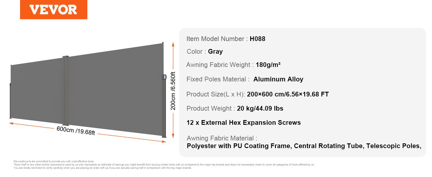 VEVOR retractable side awning in gray, 200x600 cm, aluminum alloy frame, polyester fabric, 20 kg.