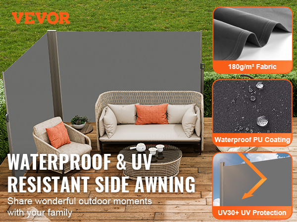 VEVOR retractable side awning on a patio with rattan furniture, showcasing waterproof and uv-resistant features.