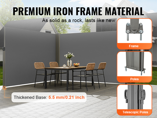 VEVOR retractable side awning with premium iron frame, thickened base, and telescopic poles for patio.