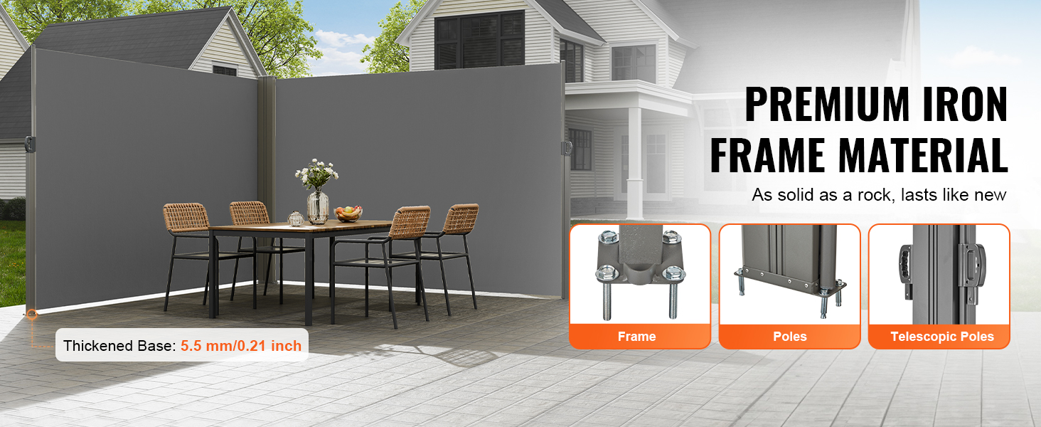 VEVOR retractable side awning with premium iron frame, thickened base, and telescopic poles for patio.