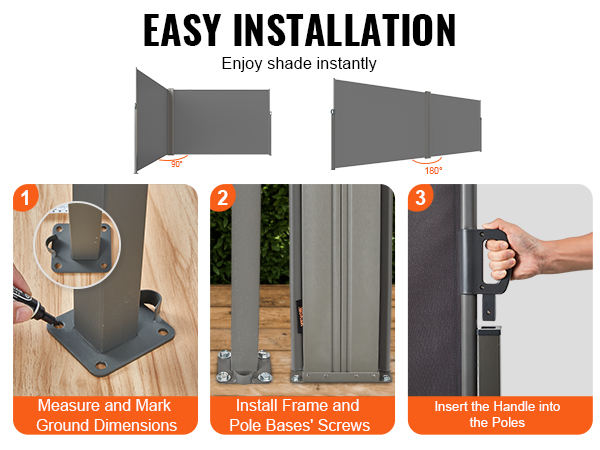 simple steps for setting up the VEVOR retractable side awning with installation guide and adjustment angles.