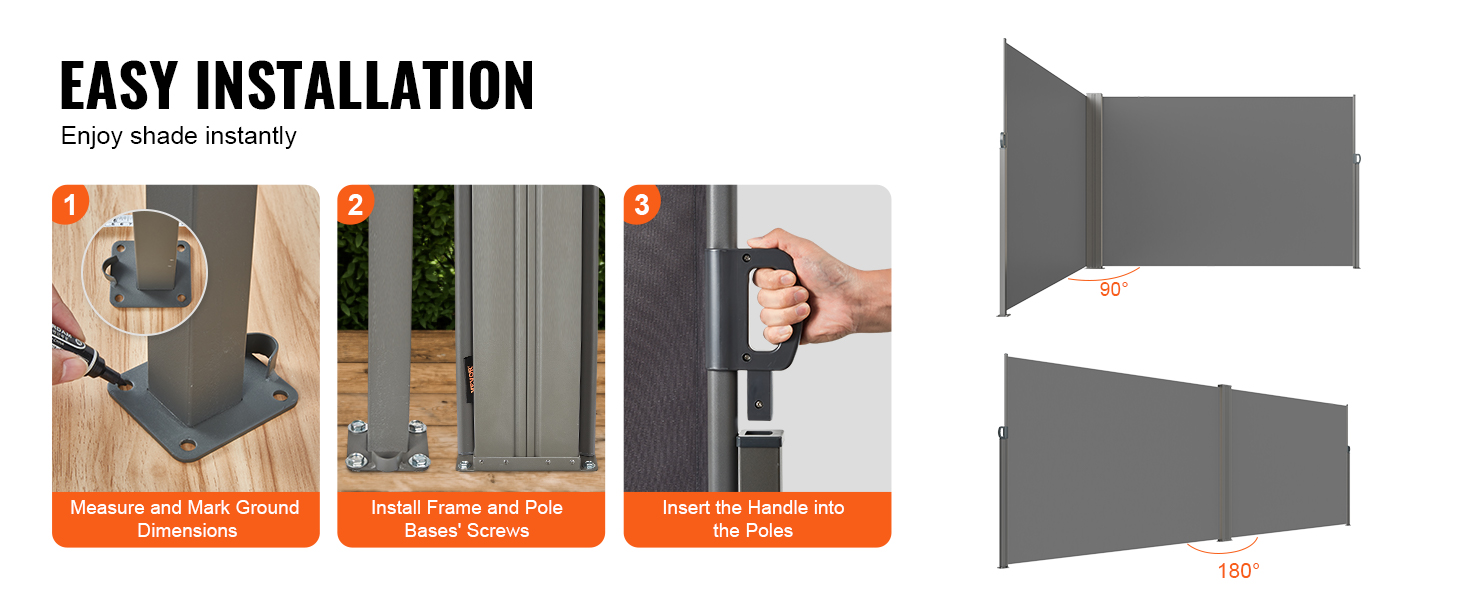 simple steps for setting up the VEVOR retractable side awning with installation guide and adjustment angles.