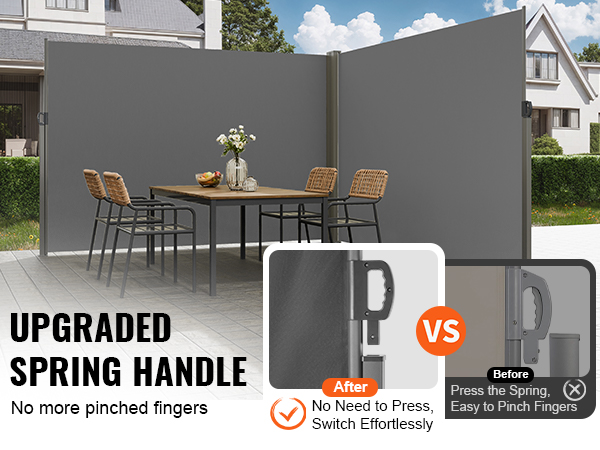 VEVOR retractable side awning with upgraded spring handle for easy, pinch-free operation.