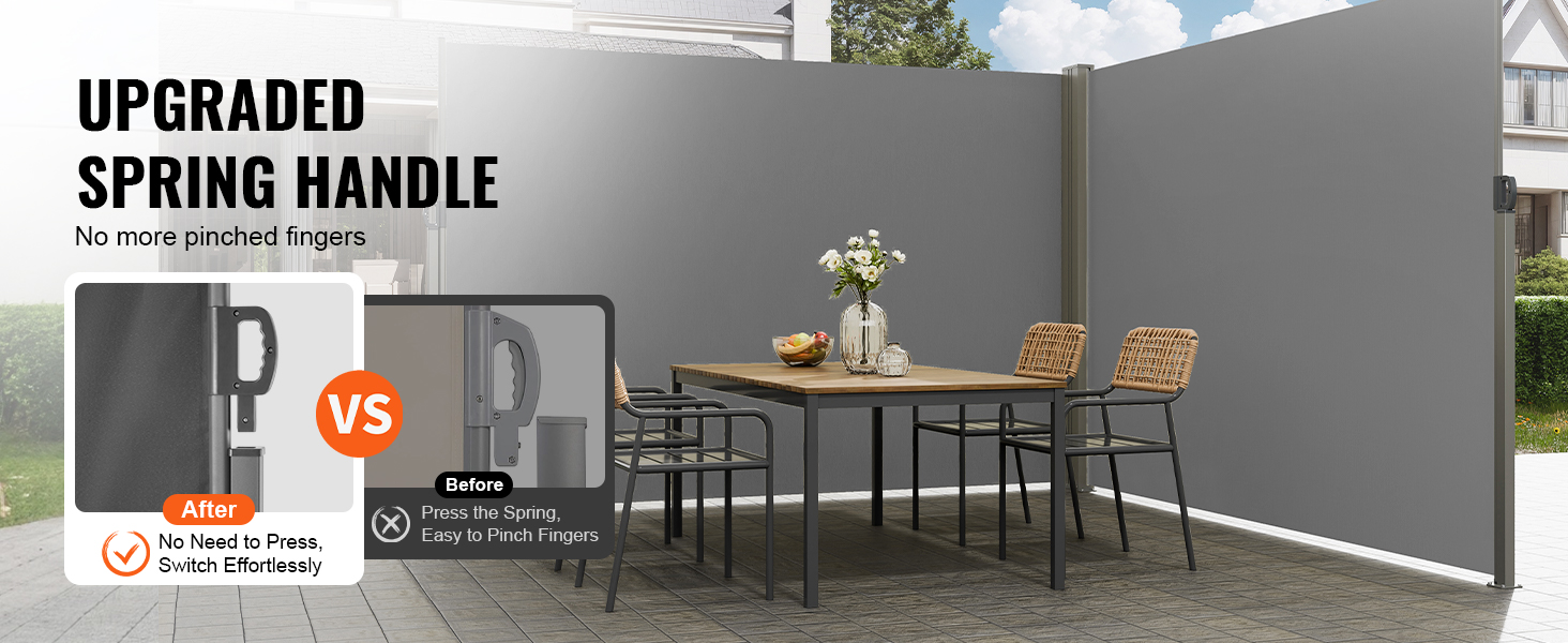 VEVOR retractable side awning with upgraded spring handle for easy, pinch-free operation.