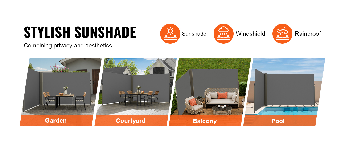 stylish VEVOR retractable side awning for garden, courtyard, balcony, pool; sunshade, rainproof.