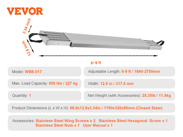 VEVOR telescoping aluminum work plank, adjustable 6-9 ft, 500 lbs capacity, 12.5 in wide.