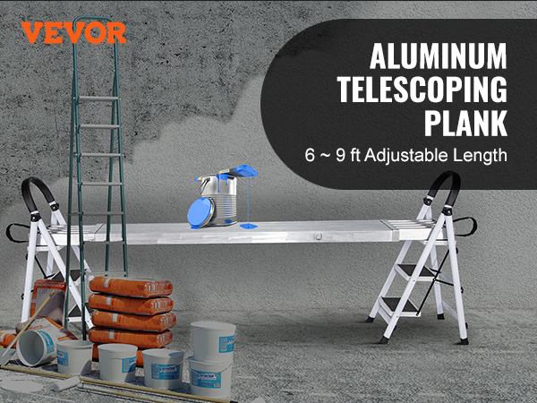 VEVOR telescoping aluminum work plank with paint supplies and ladders in a construction setting.