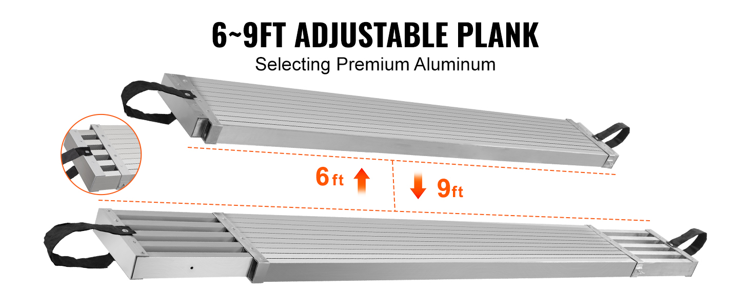 VEVOR telescoping aluminum work plank, adjustable from 6 to 9 feet, with sturdy handles for easy portability.