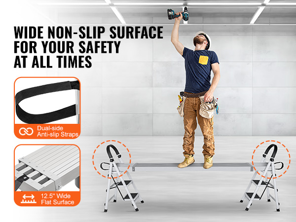 wide non-slip surface for VEVOR telescoping aluminum work plank ensures safety with dual-side anti-slip straps.
