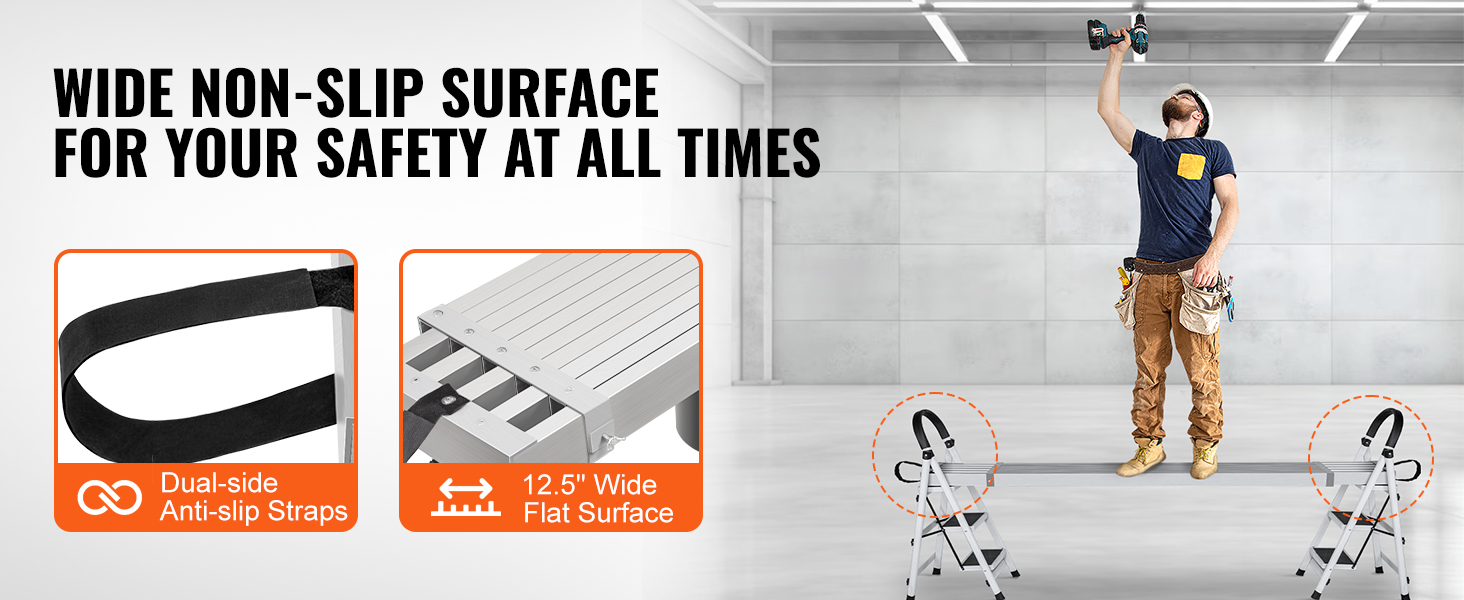 wide non-slip surface for VEVOR telescoping aluminum work plank ensures safety with dual-side anti-slip straps.