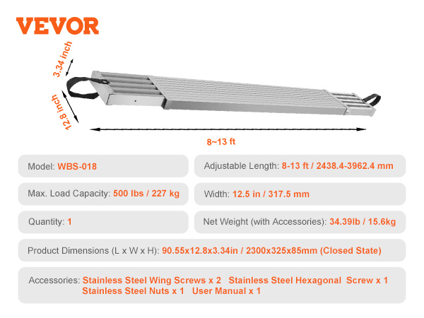 VEVOR telescoping work plank with adjustable length 8-13 ft, 500 lbs load capacity, and dimensions listed.