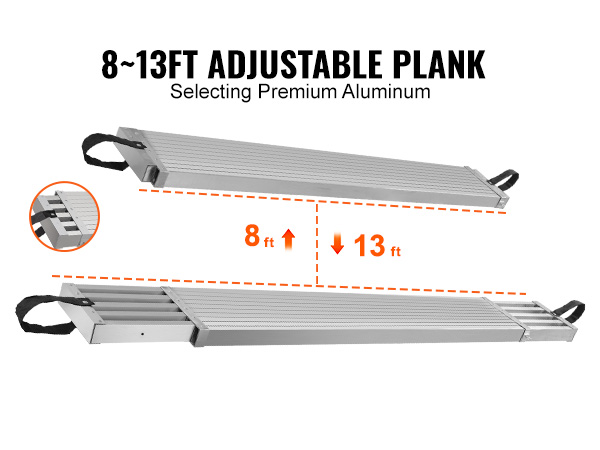 VEVOR telescoping work plank extends from 8 to 13 feet, made of premium aluminum with carrying handles.
