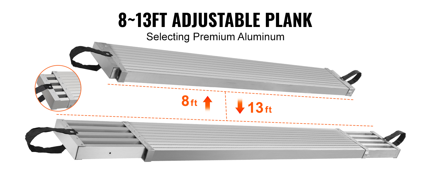 VEVOR telescoping work plank extends from 8 to 13 feet, made of premium aluminum with carrying handles.