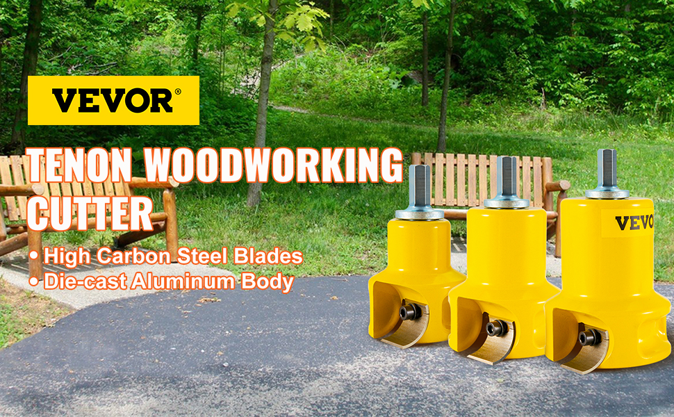 VEVOR tenon cutter with high carbon steel blades and die-cast aluminum body in a lush park setting.