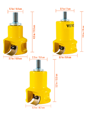 yellow VEVOR tenon cutter set with measurements in inches and centimeters displayed.