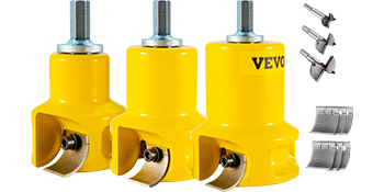 three yellow VEVOR tenon cutters with replacement blades and drill attachments on a white background.