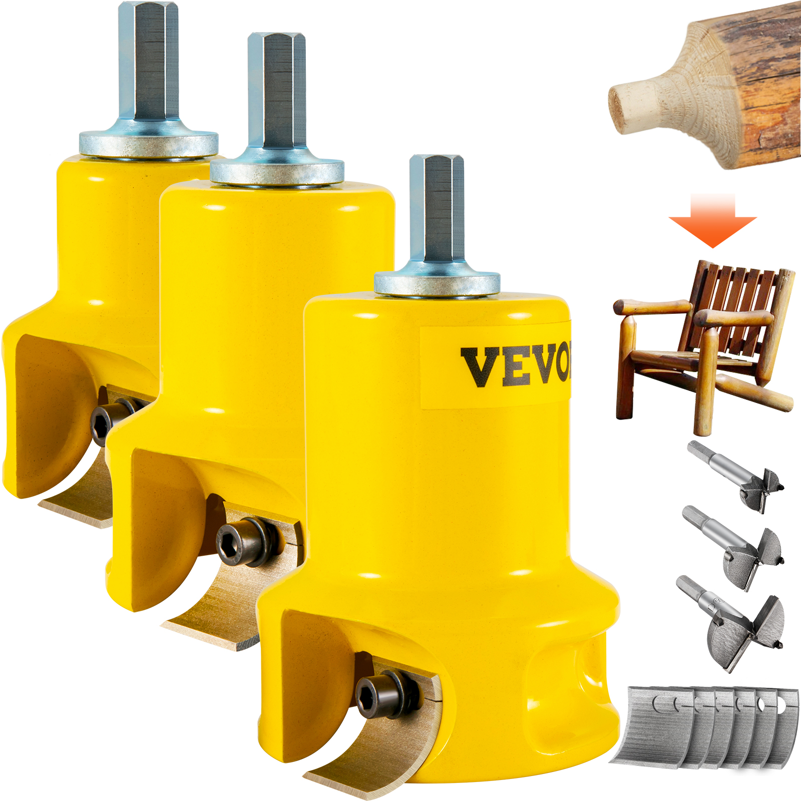 three yellow VEVOR tenon cutters for woodworking with log chair, drill bits, and timber part illustrations.