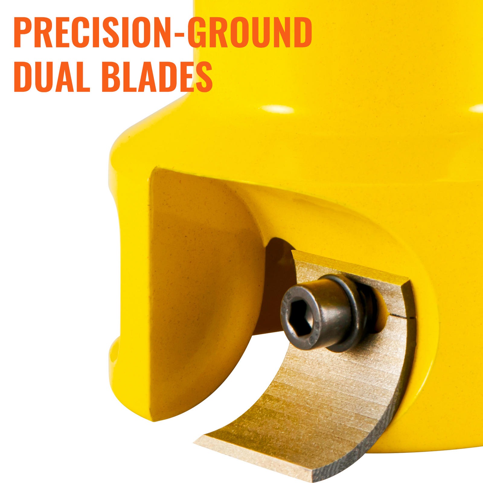 close-up of VEVOR tenon cutter's precision-ground dual blades in a yellow housing.