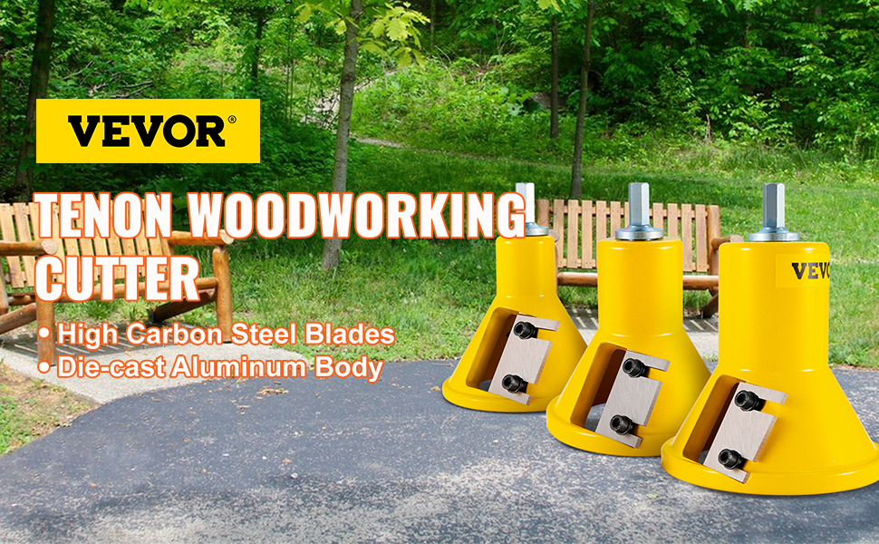VEVOR tenon cutter displayed outdoors, featuring high carbon steel blades and die-cast aluminum body.
