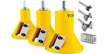 three yellow VEVOR tenon cutter tools with blade inserts, bolts, and spacers set against a white background.