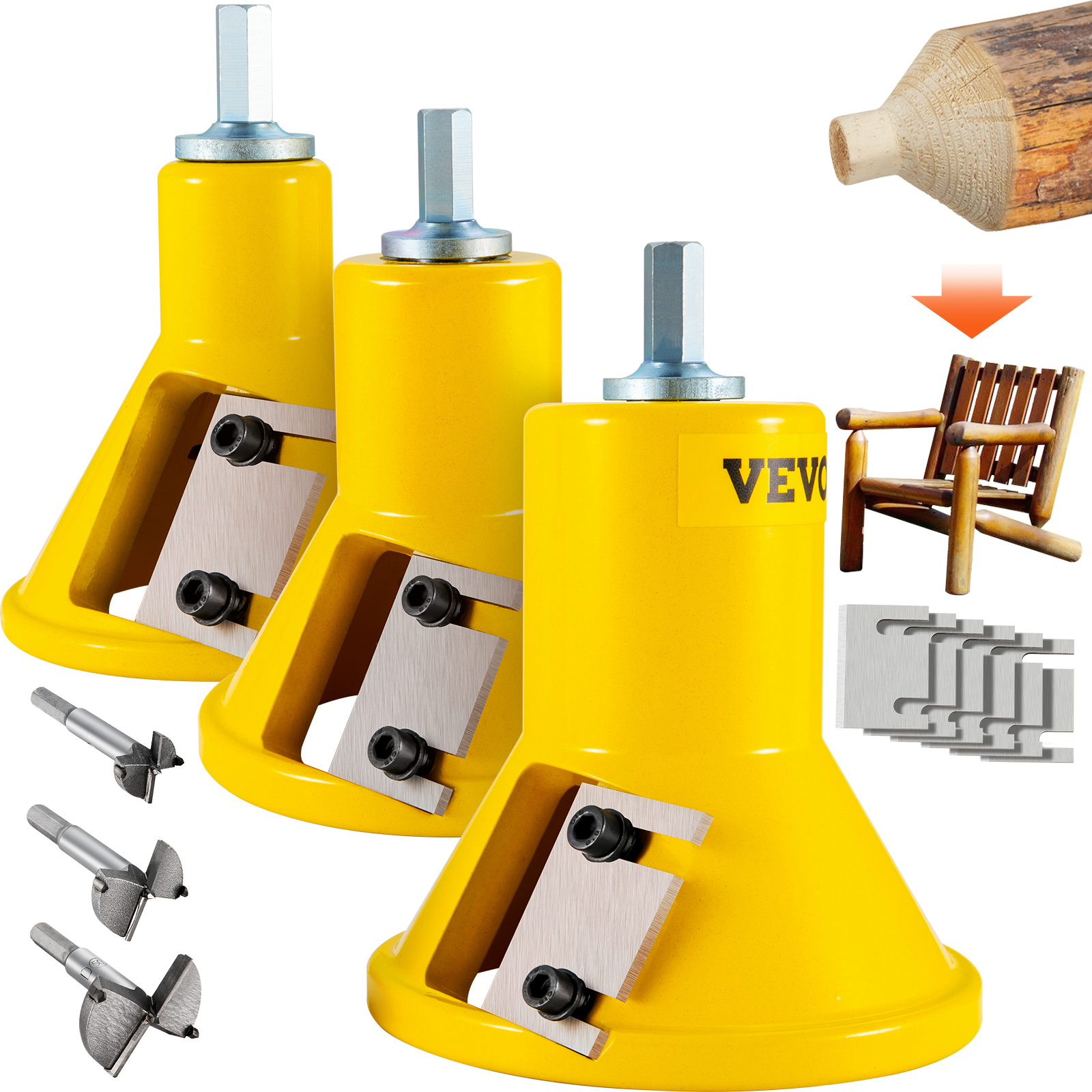 VEVOR tenon cutter set with yellow bodies, cutting blades, and furniture-making components.