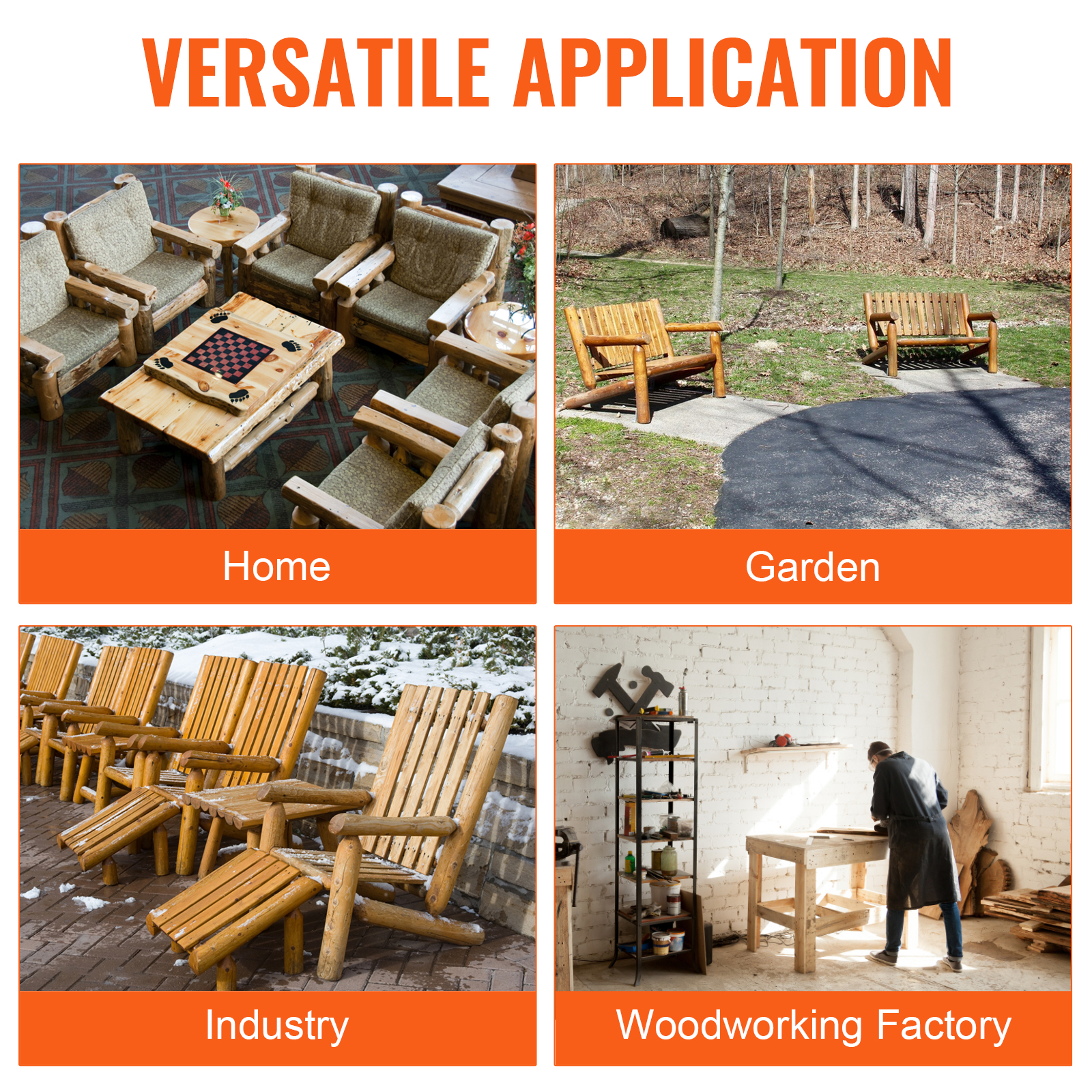 VEVOR tenon cutter used in home living room, garden benches, industry seating, and woodworking factory.