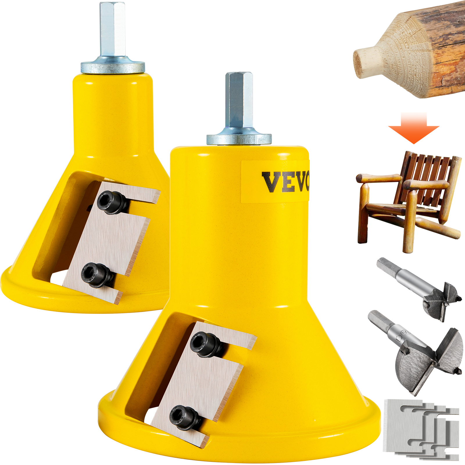 yellow VEVOR tenon cutter, woodworking tool with blades, log fitting, chair assembly illustrations.