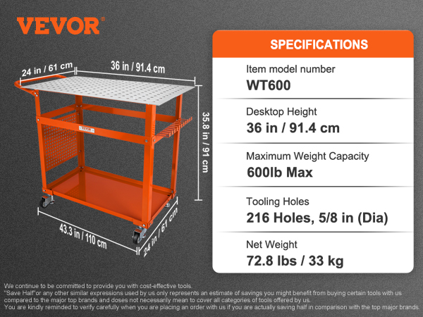 VEVOR welding table wt600, 36in height, 600lb capacity, 216 tooling holes, orange, accessories listed.