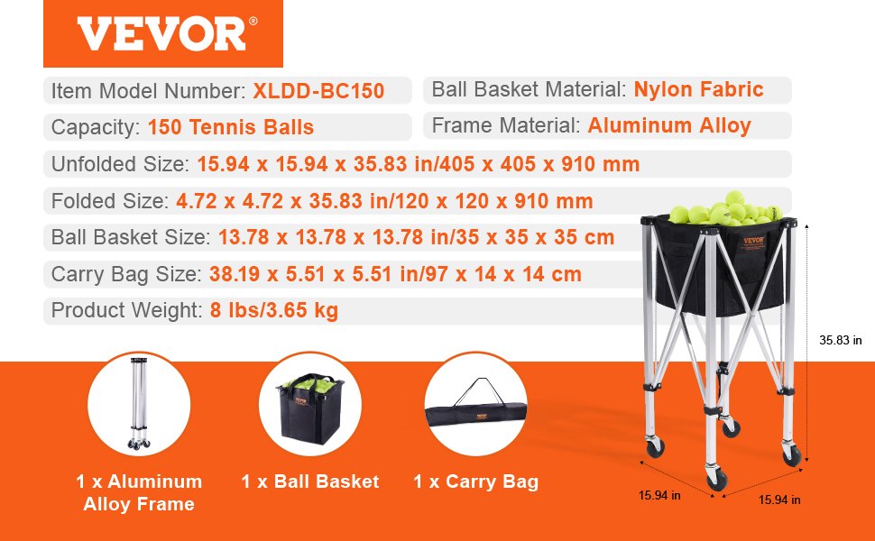 VEVOR tennis ball hopper, holding 150 tennis balls, with an aluminum alloy frame and nylon fabric basket.