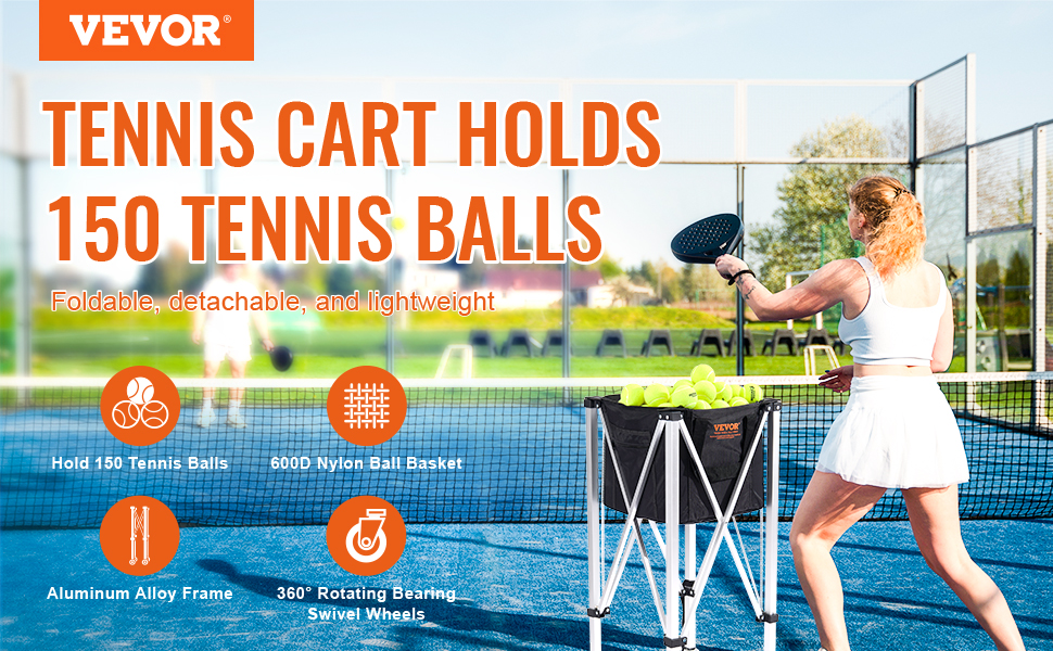 VEVOR tennis ball hopper with 150-ball capacity, foldable design, and aluminum frame on tennis court.