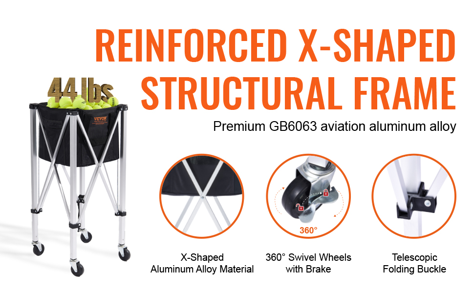VEVOR tennis ball hopper with reinforced x-shaped frame, holds 44 lbs, swivel wheels, and telescopic buckle.