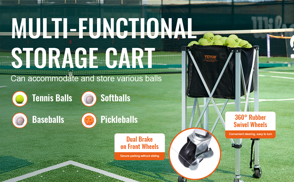 VEVOR tennis ball hopper for multi-functional storage, holds tennis balls, softballs, baseballs, and pickleballs.
