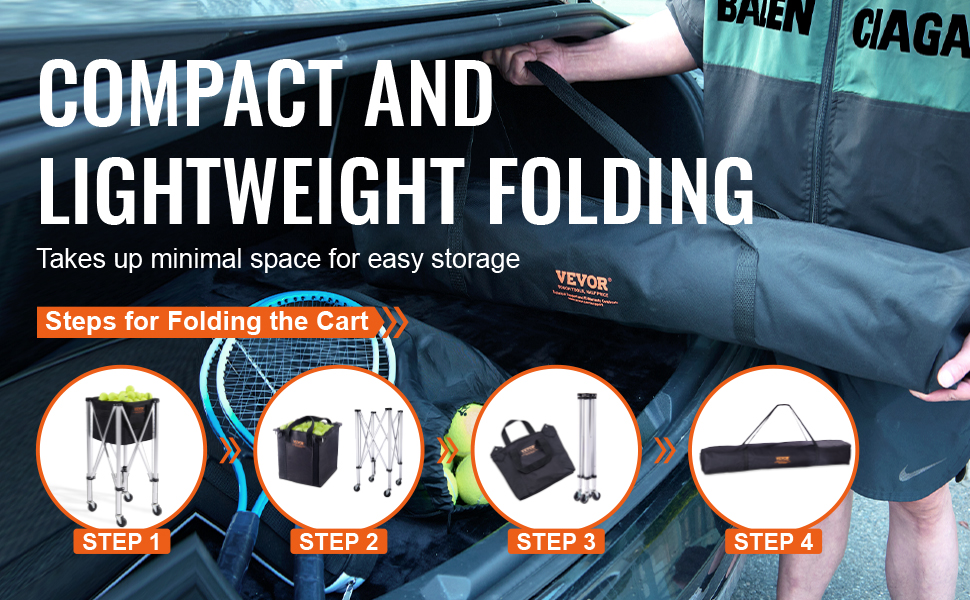 VEVOR tennis ball hopper folded and stored in a car trunk with step-by-step folding instructions.