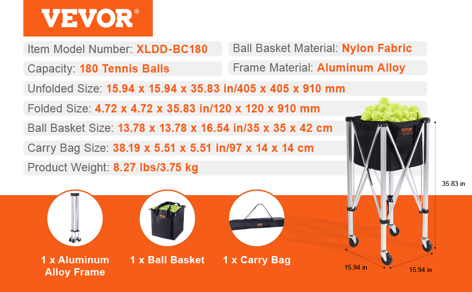 VEVOR tennis ball hopper with aluminum alloy frame, holds 180 balls, includes bag and nylon fabric basket.
