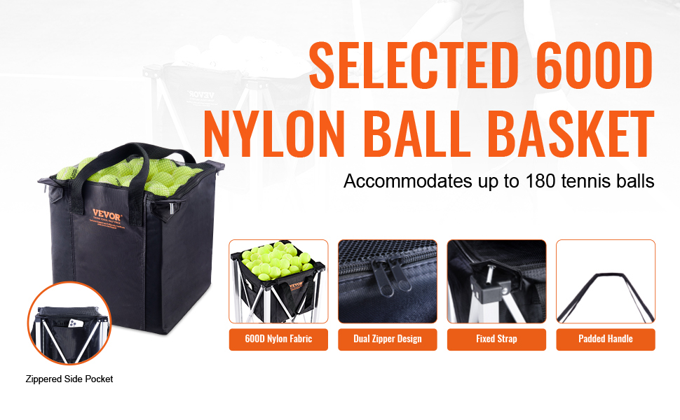 VEVOR tennis ball hopper 600d nylon basket, holds 180 balls, dual zipper, fixed strap, padded handle.