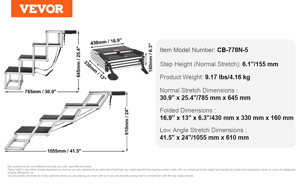VEVOR dog steps with dimensions and specifications, including foldable and stretchable options.