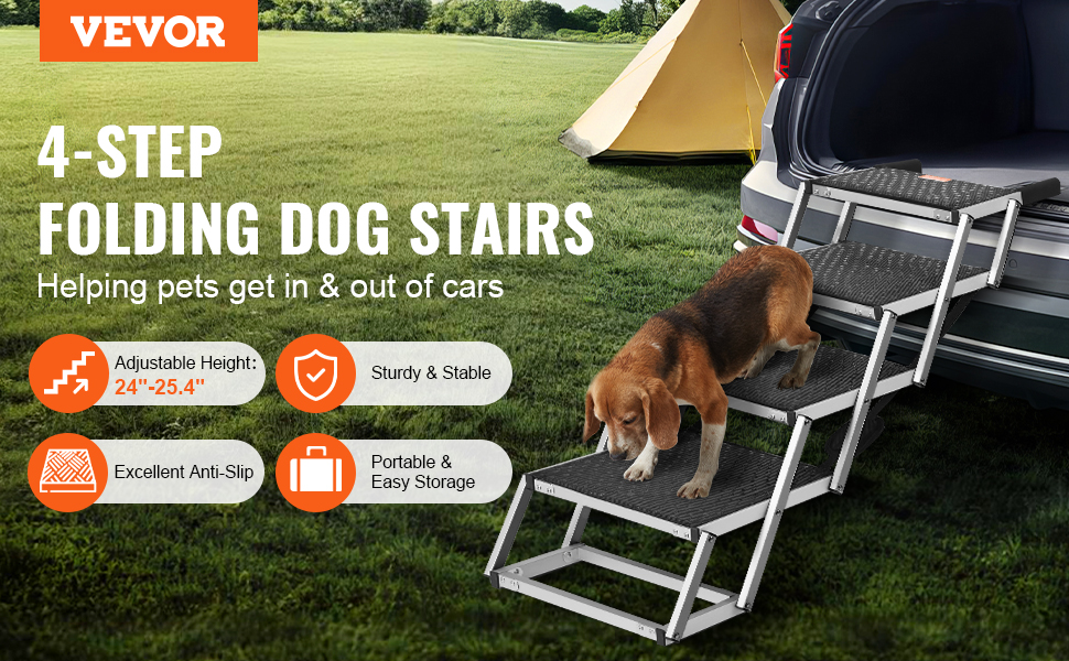 VEVOR dog steps: 4-step folding dog stairs for easy pet access to cars, with adjustable height and anti-slip features.
