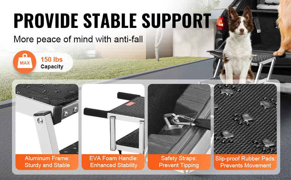VEVOR dog steps: aluminum frame, eva foam handle, safety straps, slip-proof rubber pads, max 150 lbs.