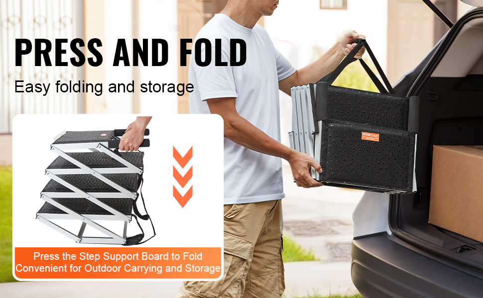 person folding and carrying VEVOR dog steps into a car trunk, demonstrating easy folding and storage.