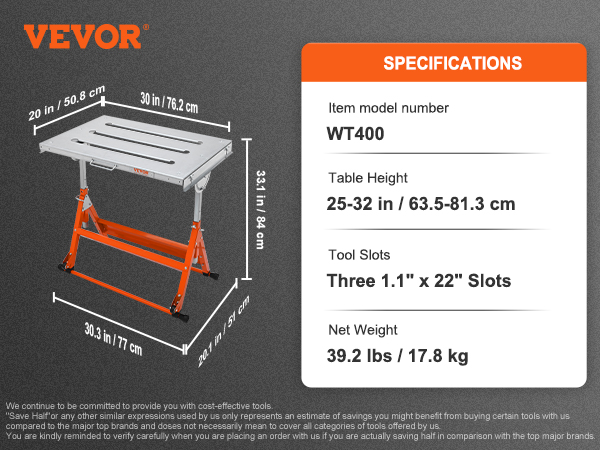 VEVOR welding table wt400 with dimensions, accessories, tool slots, weight, and height specifications.