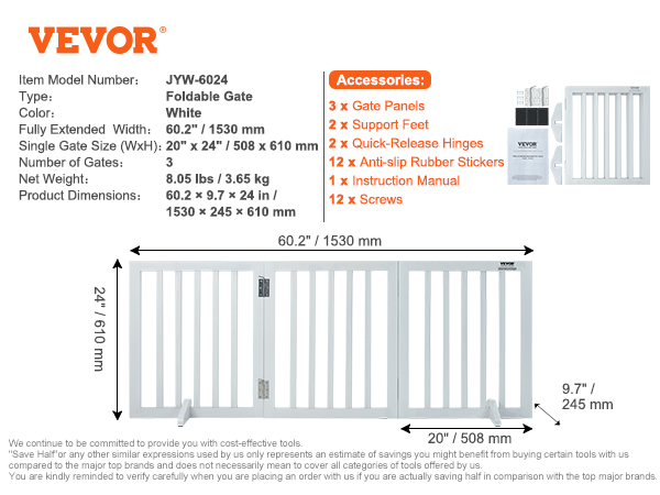 VEVOR free standing dog gate, foldable white, jyw-6024 dimensions, and accessories details.