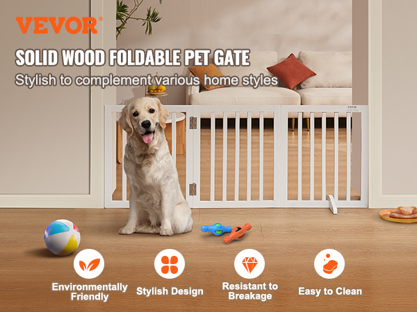 VEVOR free standing dog gate - solid wood, foldable, eco-friendly, stylish design, easy to clean.