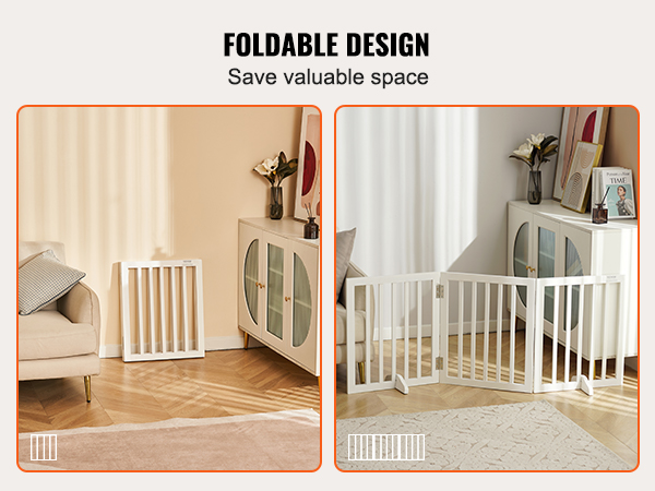 VEVOR free standing dog gate, foldable white gate shown folded and extended in a cozy living room.