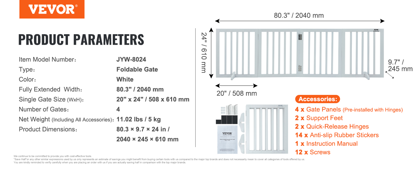 VEVOR freestanding dog gate foldable, white, 80.3"x24", comes with 4 gate panels, support feet, and hinges.