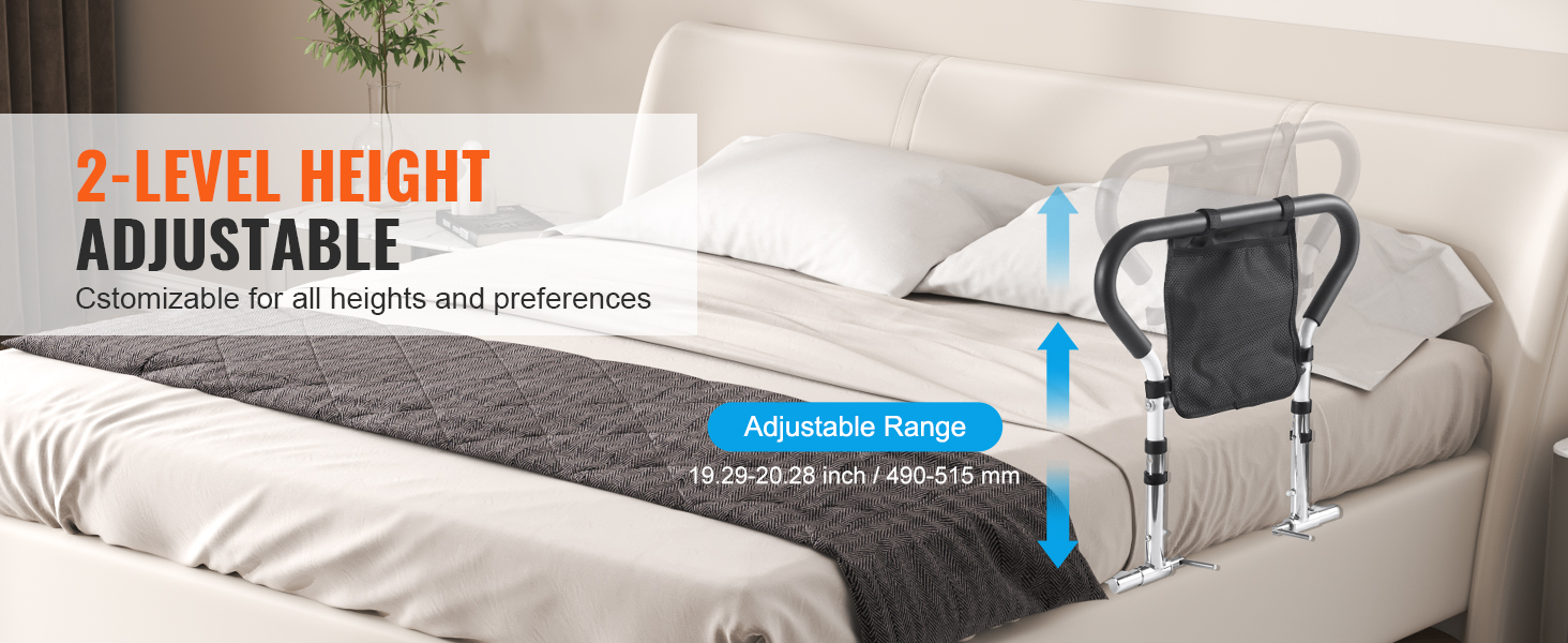 adjustable VEVOR bed rails on a bed with 2-level height settings for customizable support and stability.