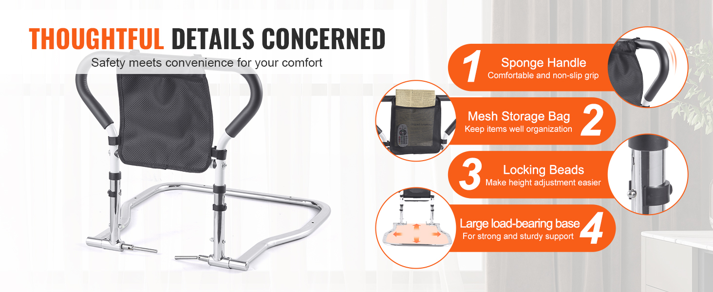 VEVOR bed rails with sponge handle, mesh storage bag, locking beads, and large load-bearing base.